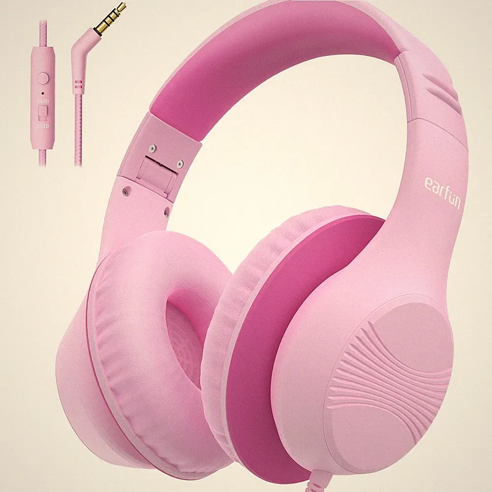 EarFun Kinder Kopfhörer, Over-Ear Kopfhörer für mit Kabel, M, Rosa