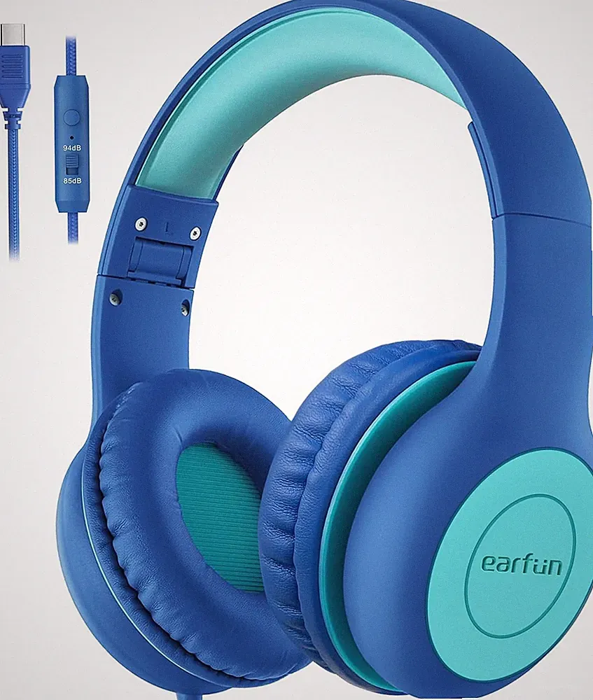 EarFun Kinder Kopfhörer USB-C 85dB Lautstärkebegrenzung Blau Kunstleder, faltbar