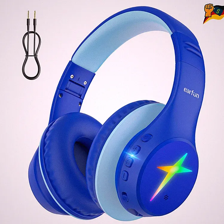 EarFun Kinderkopfhörer K4 Bluetooth 5.4, 5 LED Beleuchtungsmodi, Blau, 3,5 mm