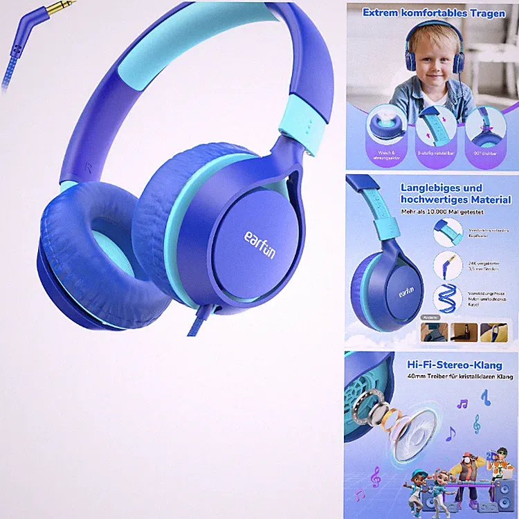 EarFun S1 Kinderkopfhörer Blau mit 3,5-mm-Kabel und Lautstärkenbegrenzer 85 dB
