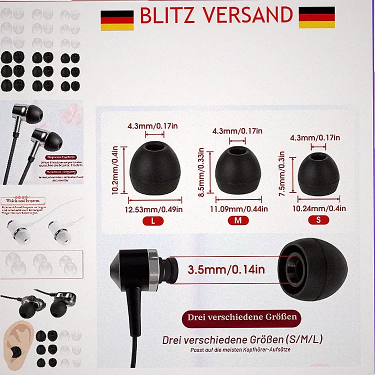 Ersatz Ohrstöpsel 36 Stück Silikon Transparent Schwarz für In-Ear Kopfhörer, 3