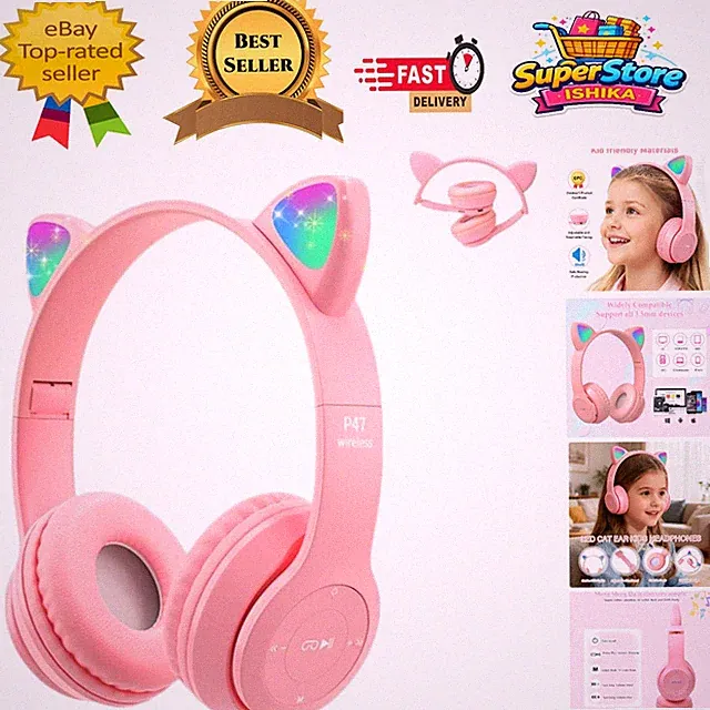 Faltbare kabellose Kopfhörer für Kinder mit Katzenohr LED-Leuchten - rosa Design