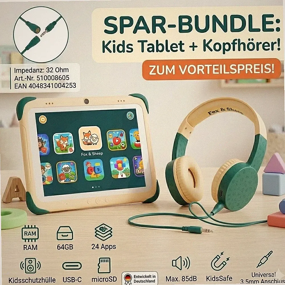 Fox & Sheep Kinder Lerntablet One 8 Zoll Android + Over-Ear Kopfhörer ab 3 Jahre