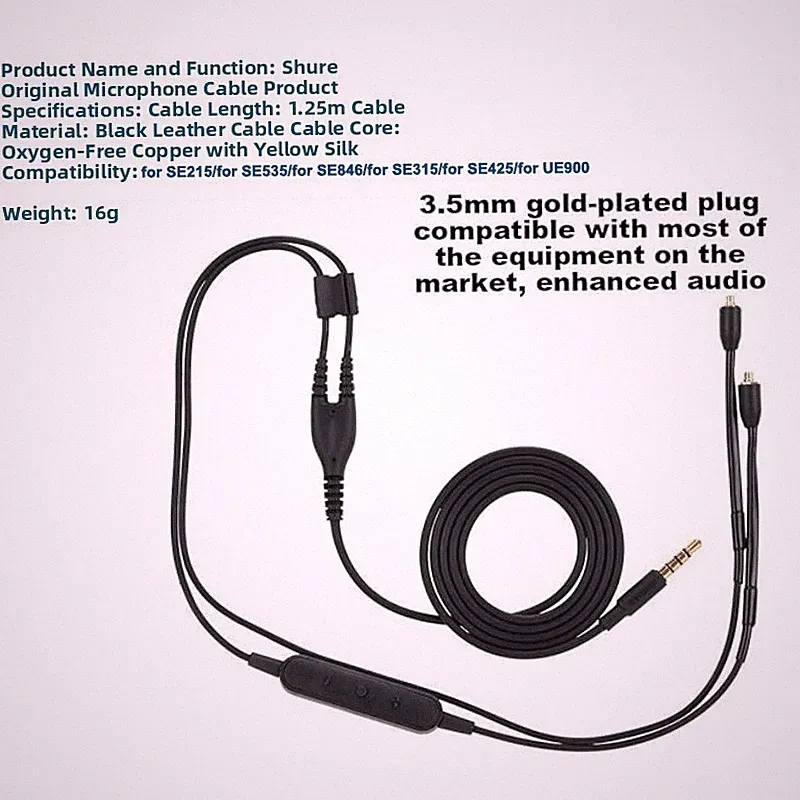 Für Shure Kopfhörer Ersatzkabel 1,25m mit 3,5mm vergoldetem