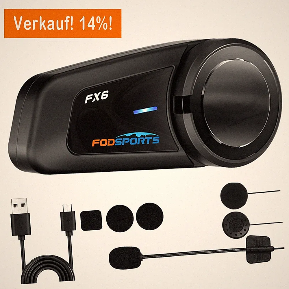 FX6 Bluetooth Intercom Motorrad Gegensprechanlage Helm Headset GPS 6 Fahrer 1KM