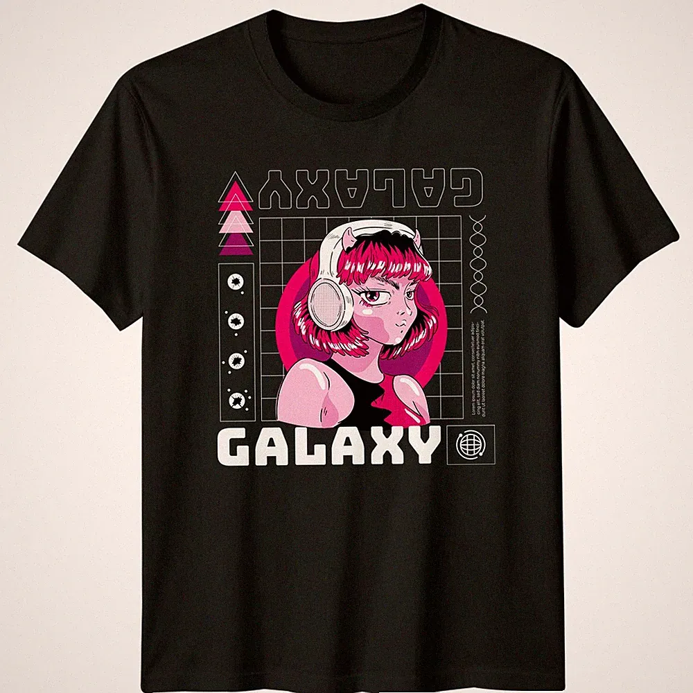 Galaxy Anime Girl Kopfhörer Herren T-Shirt Damen Tee Grafik Unisex Oberteil