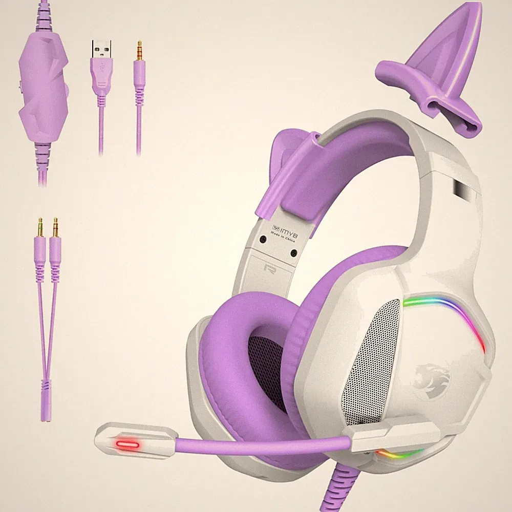 Gaming Headset, Abnehmbare Katzenohren, RGB-Licht, Stereo Surround, Noise Can...
