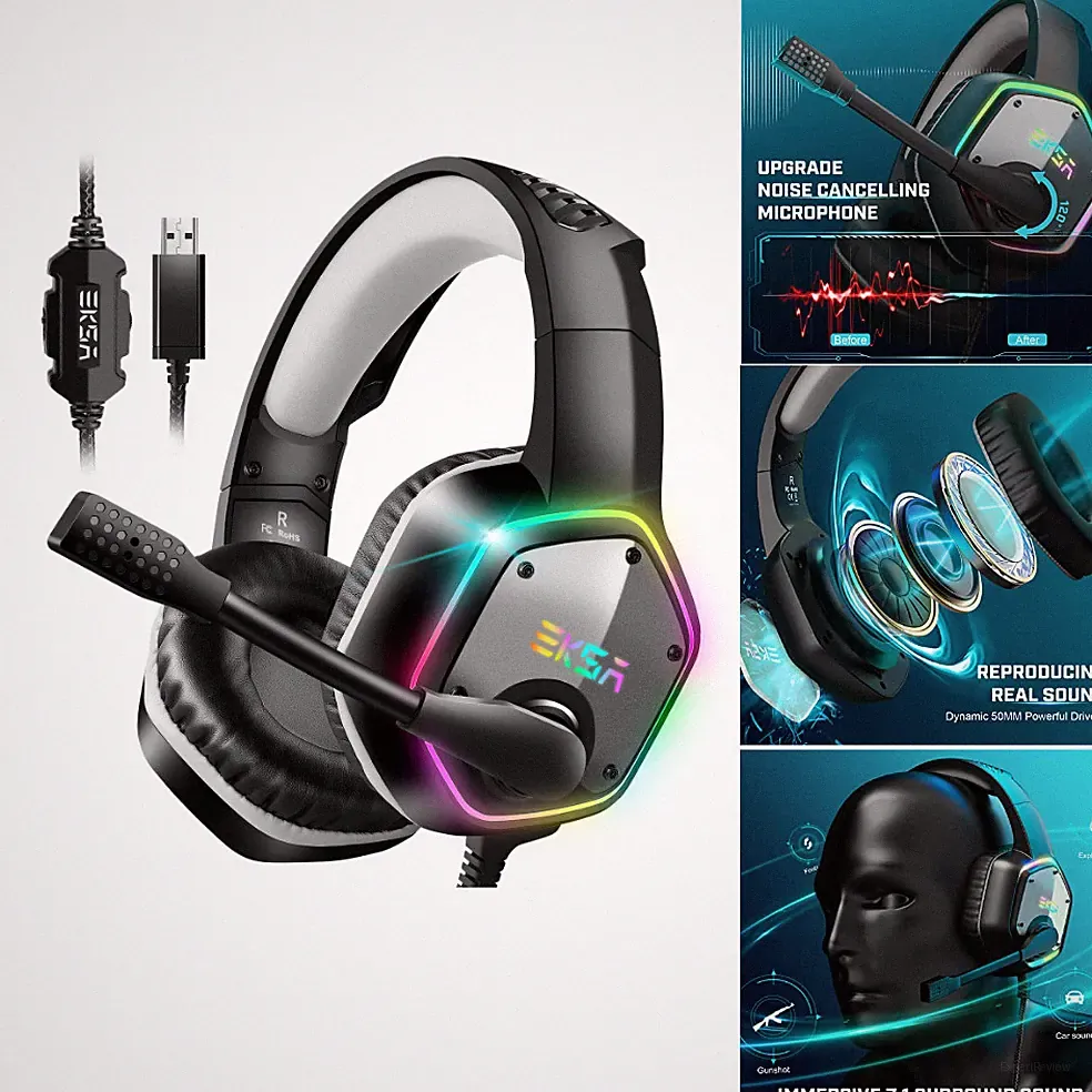 Gaming Headset E1000 USB RGB mit Mikrofon Bass Surround Sound