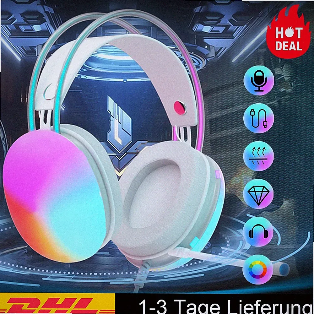 Gaming Headset mit Mikrofon PC PS4 Over Ear Kopfhörer mit Kabel RGB Headphone DE