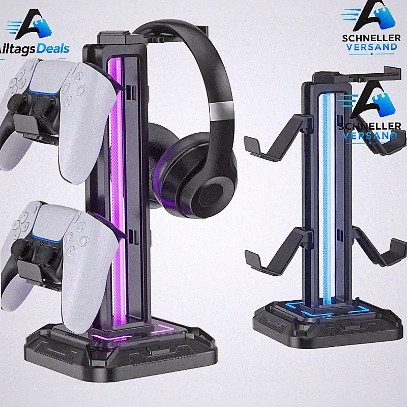 Gaming Kopfhörer Ständer LED 9 Lichtmodi Drehbar mit Controller Halterung