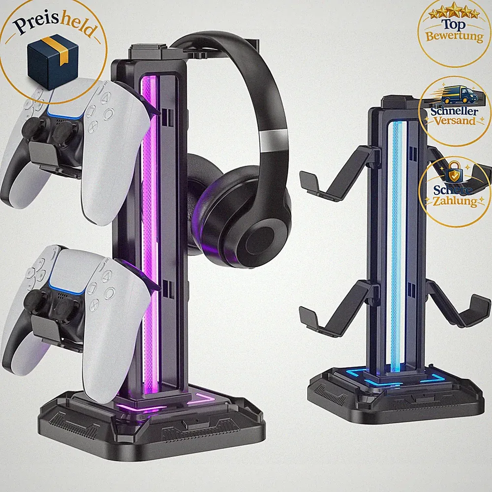Gaming Kopfhörer Ständer LED 9 Lichtmodi Drehbar mit Controller Halterung