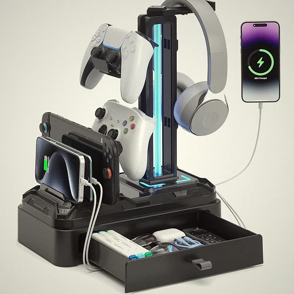 Gaming Kopfhörer Ständer mit LED, USB Ladeports, Schublade, Handy Tablet Halter