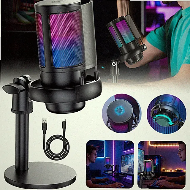 Gaming Mikrofon Kondensator Mic RGB Noise Cancel Clear Audio für Computer