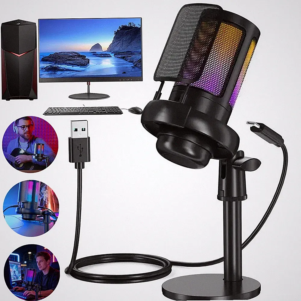 Gaming Mikrofon Microphone Kondensator Mic Noise Cancel USB Für Streaming