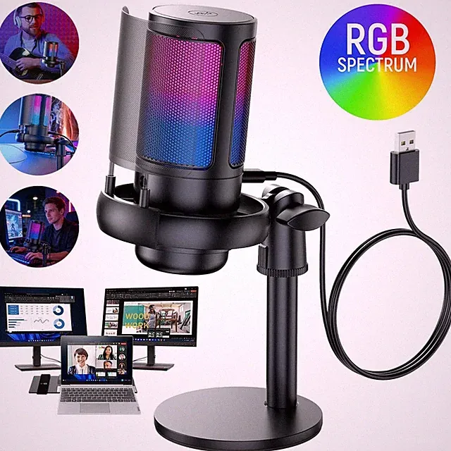 Gaming Mikrofon Microphone Kondensator Mic USB Mit Basis Clear Audio für Gaming