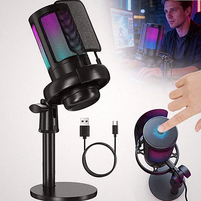 Gaming Mikrofon Microphone Kondensator Mic USB Mit Basis RGB für Computer