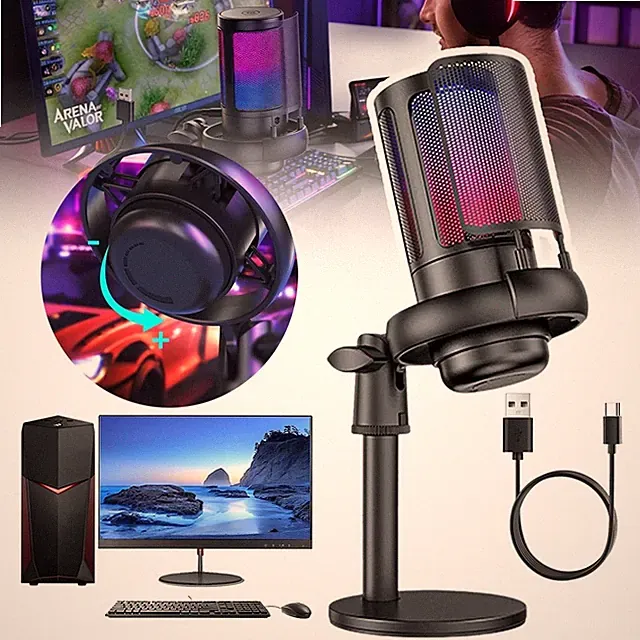 Gaming Mikrofon PC mit RGB, USB Microphone für MAC PS4 PS5 mit Stummschalttaste