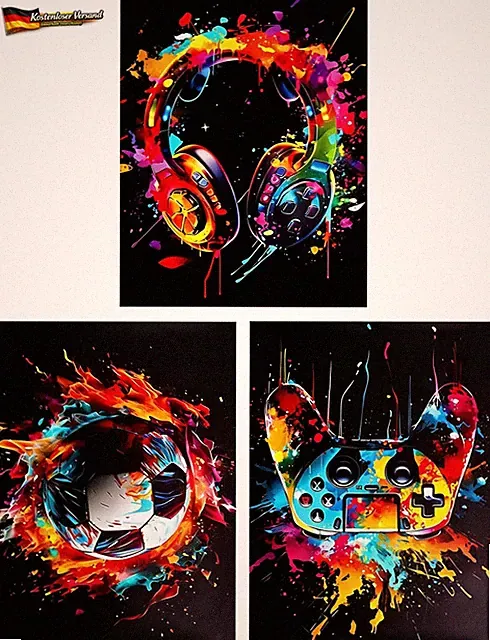 Gaming Poster Set 3er Wandbilder Neon Graffiti für Jugendzimmer Spielzimmer