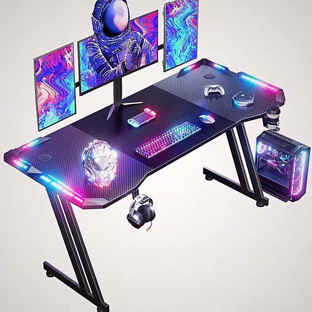 Gaming Tisch 160x60 cm mit RGB LED, Stabiler Computertisch Schwarz, Z-Form