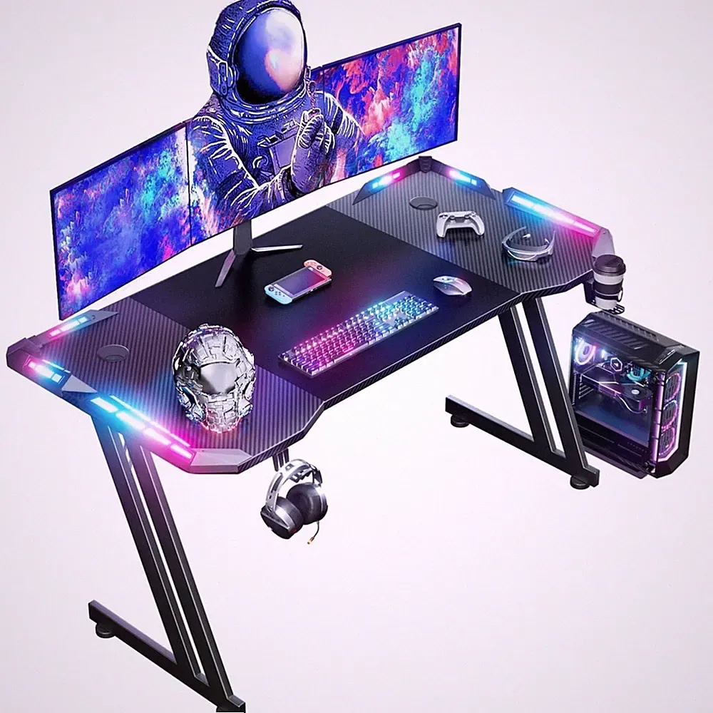 Gaming Tisch Schreibtisch LED Kohlefaser Getränkehalter Kopfhörer
