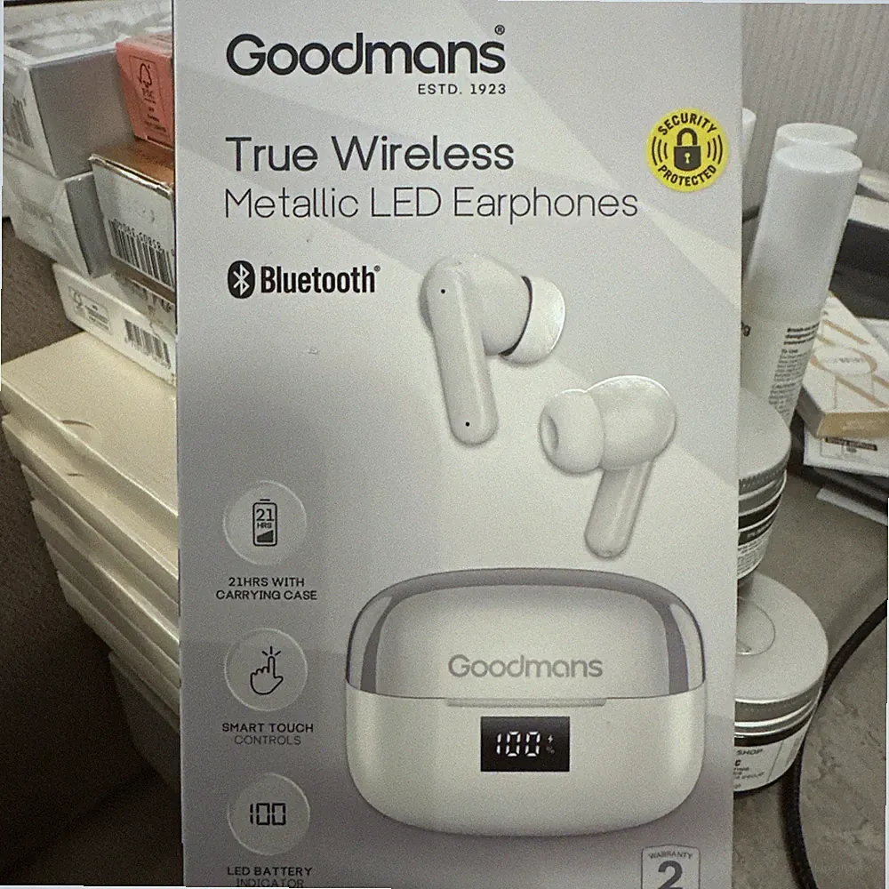 Goodmans True Wireless LED Metallic Kopfhörer ENC Clearcalls & 4 Mikrofone Weiß Neu