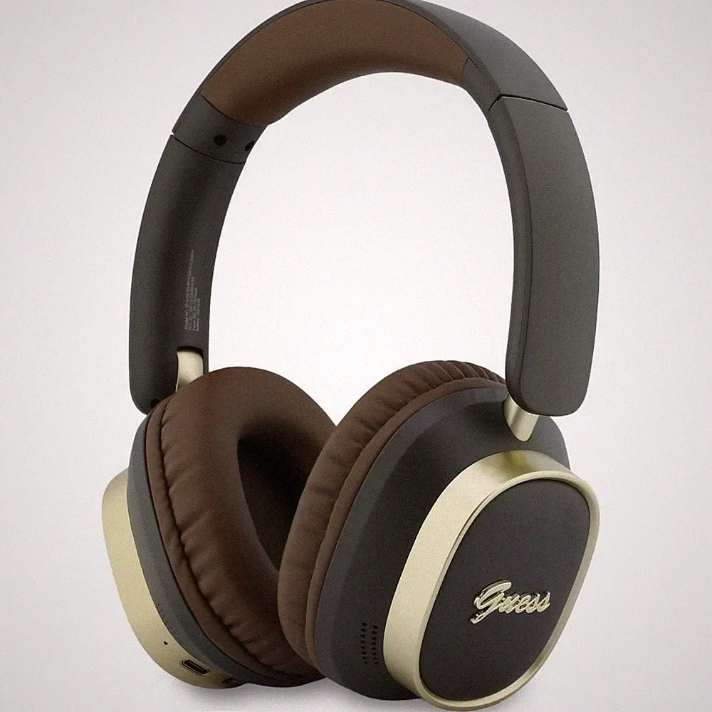 Guess Bluetooth ENC Rechteckige Metall-Schriftzug Braune Over-Ear-Kopfhörer
