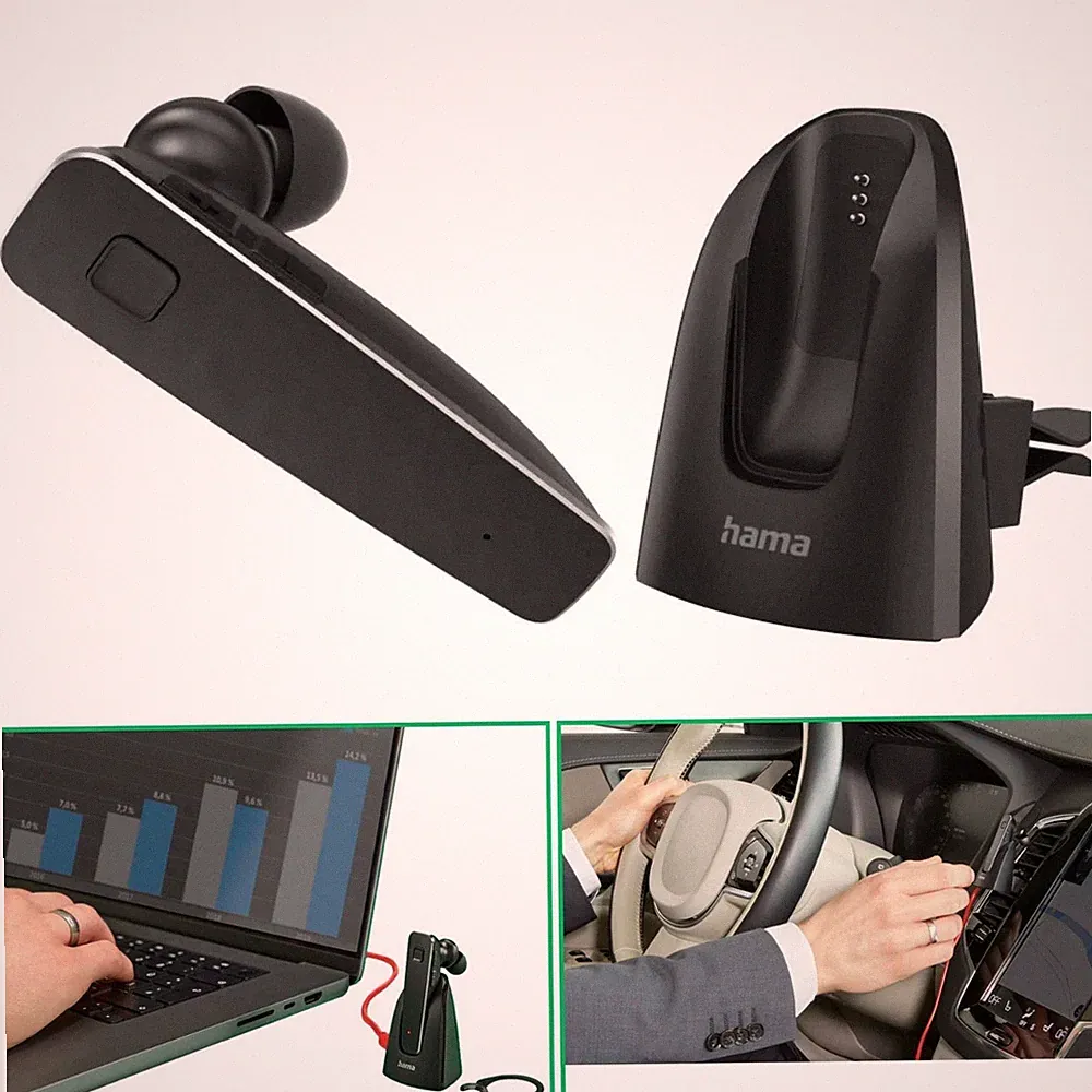 Hama Mono Bluetooth Headset + Ladestation Kopfhörer Einohr Auto Handy PC Laptop