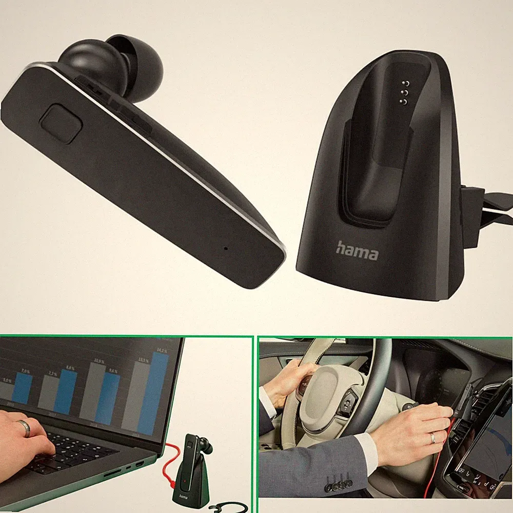 Hama Mono Bluetooth Headset + Ladestation Lüftungsgitter-Halterung Auto Handy