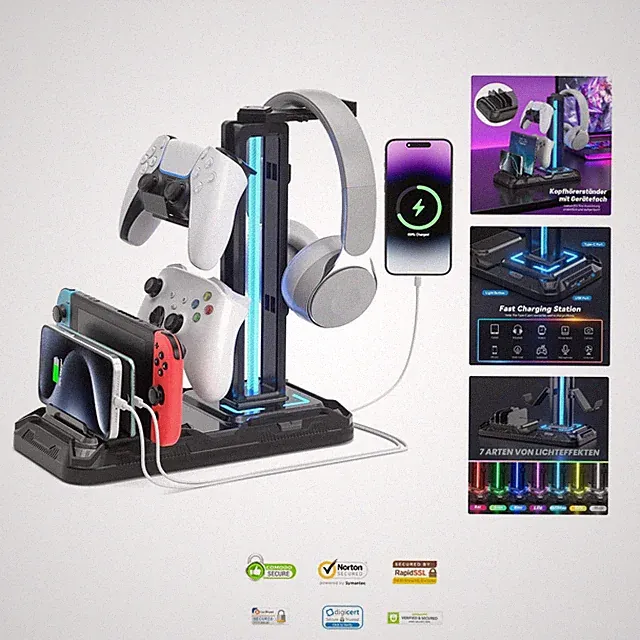 Headset Halterung Led mit Ladestation - PS5 Controller Halter & Kopfhörer Stä...