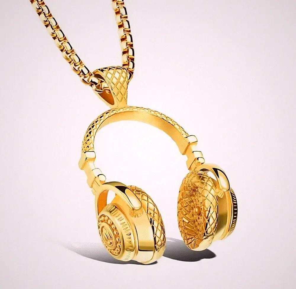 Headset Kopfhörer Punk Rock Hip Hop Kette Necklace Cosplay Gold