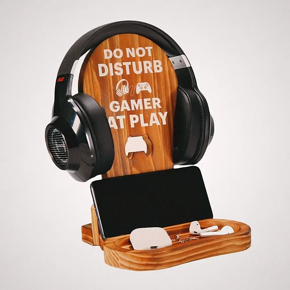 Holz Kopfhörerständer mit Handyhalter & Ablagefach Kopfhörer Halterung für Gamer