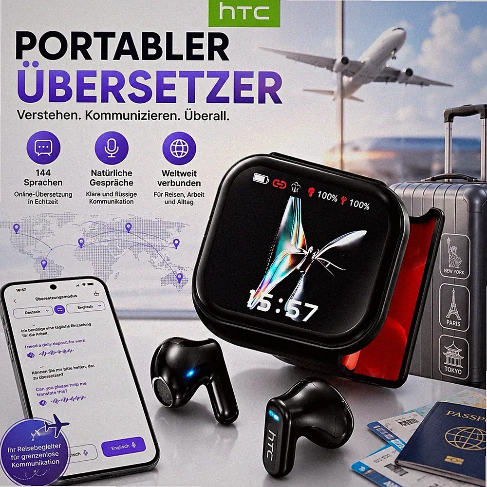 HTC In-Ear KI-Übersetzer Kopfhörer Smart Screen Bluetooth Touch, Schwarz Gaming