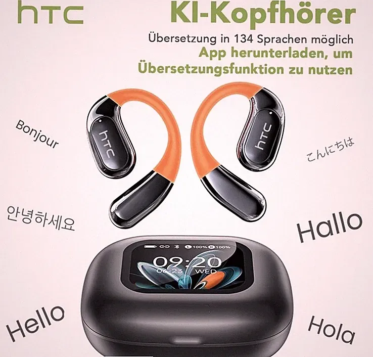 HTC KI-Kopfhörer In-Ear Ohrbügel Bluetooth Schwarz/Orange mit Ladecase