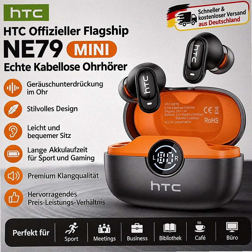 HTC NE79 Mini TWS In-Ear Bluetooth 5.3, ANC,Touch, Mikro, USB-C Case,Shwarz,Blau