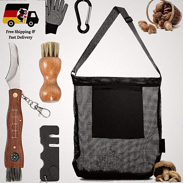 HUIKUANGEU Pilzmesser Set mit Bürste, Pilztasche, Schärfer, Schlüsselanhänger