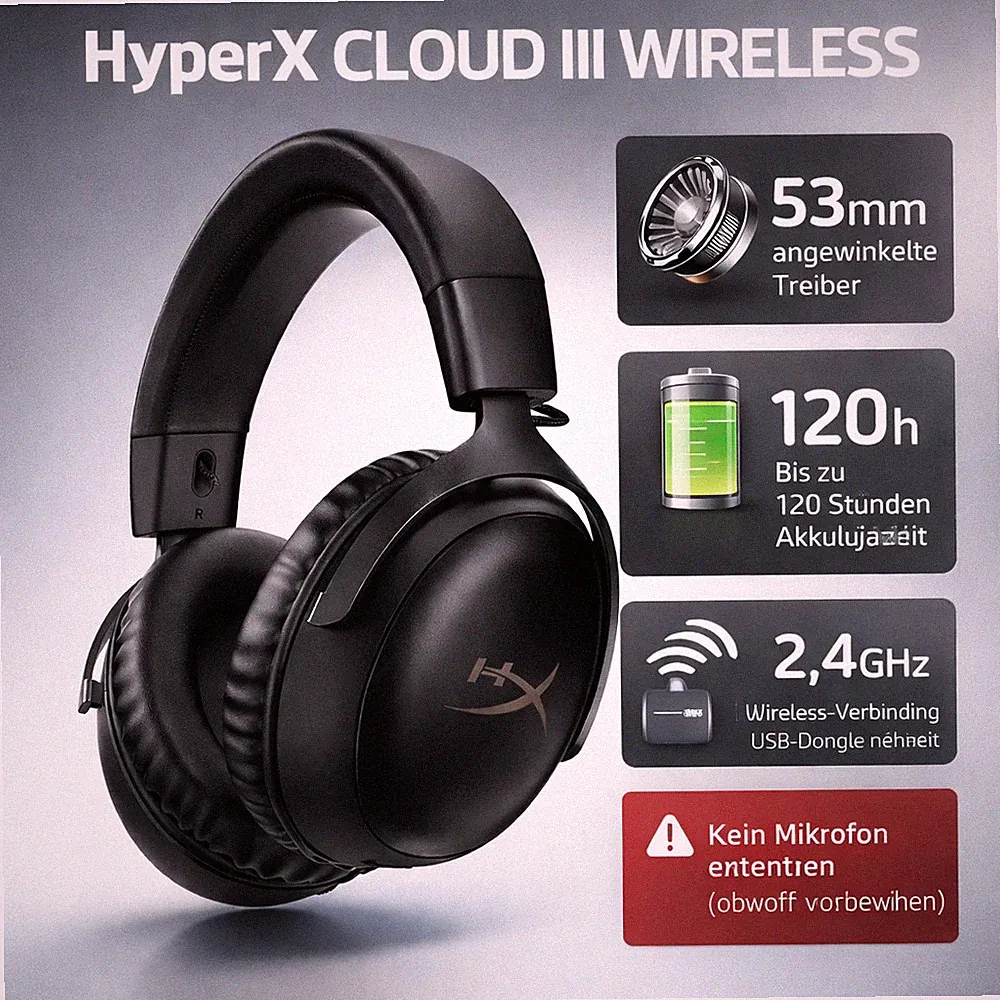🎧 HyperX Cloud III Wireless Gaming Kopfhörer – Over-Ear Headset | OHNE Mikrofon
