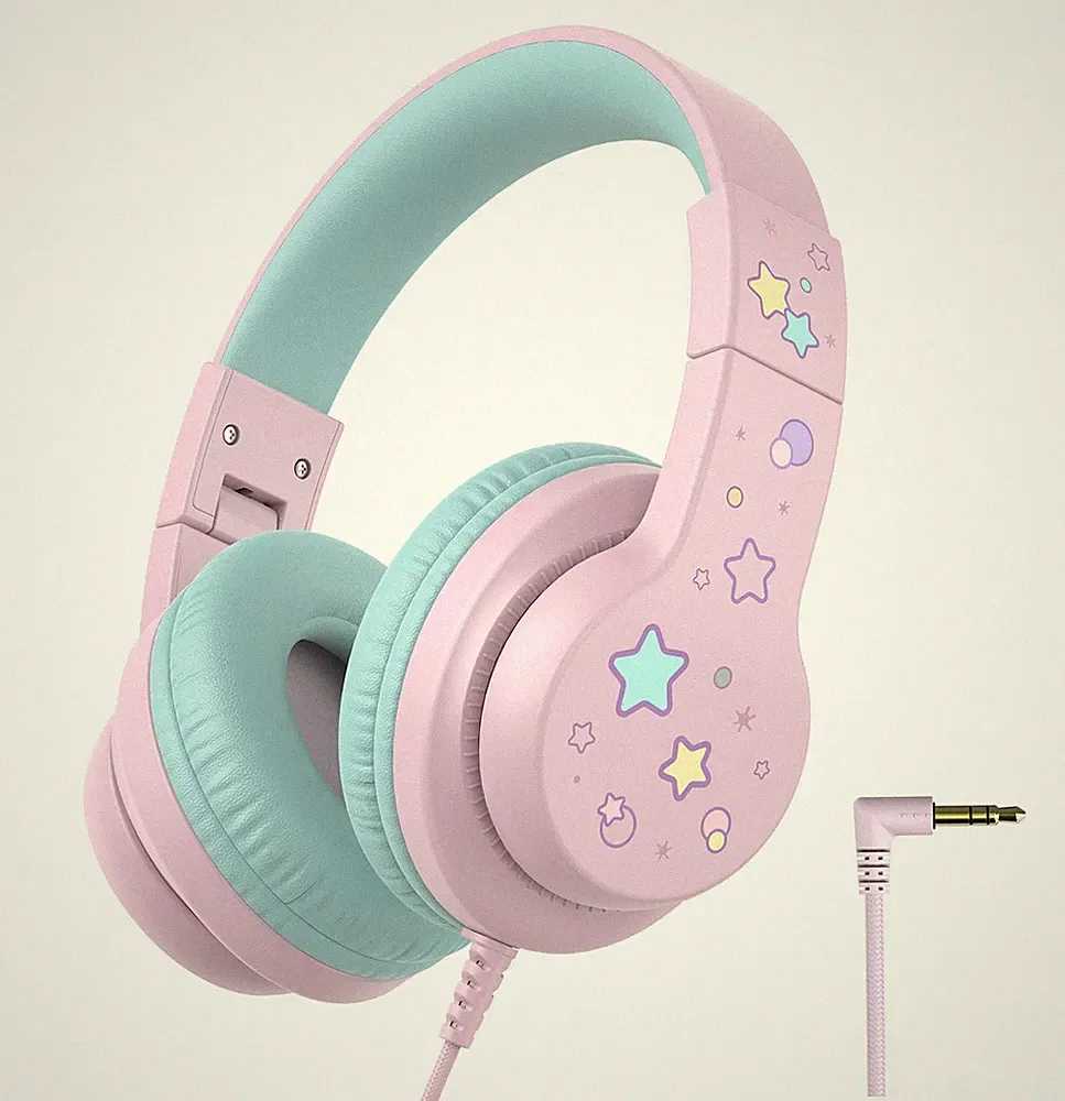 iClever Kinder Kopfhörer, Kinderkopfhörer mit Kabel 85dBA Kid, B Rosa Stern