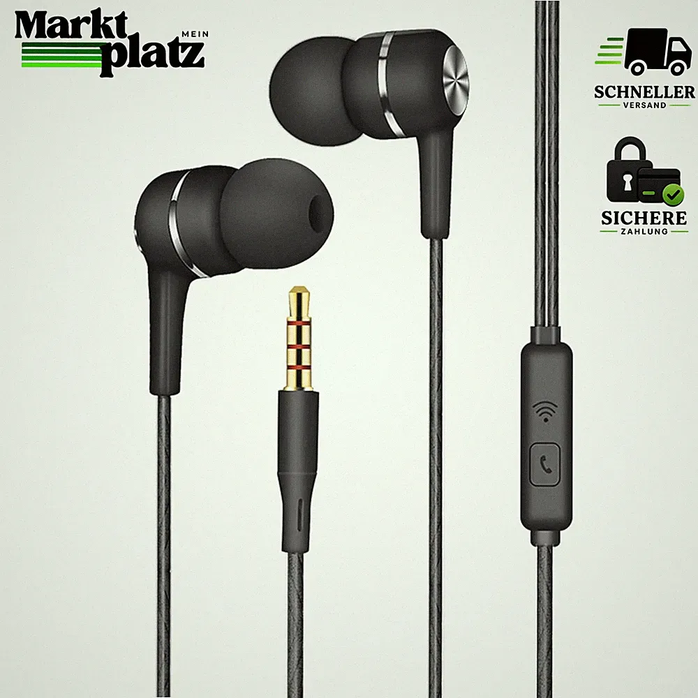 In-Ear Kopfhörer Kabel 3,5mm Magnetisch mit Mikrofon Lautstärkeregler Schwarz