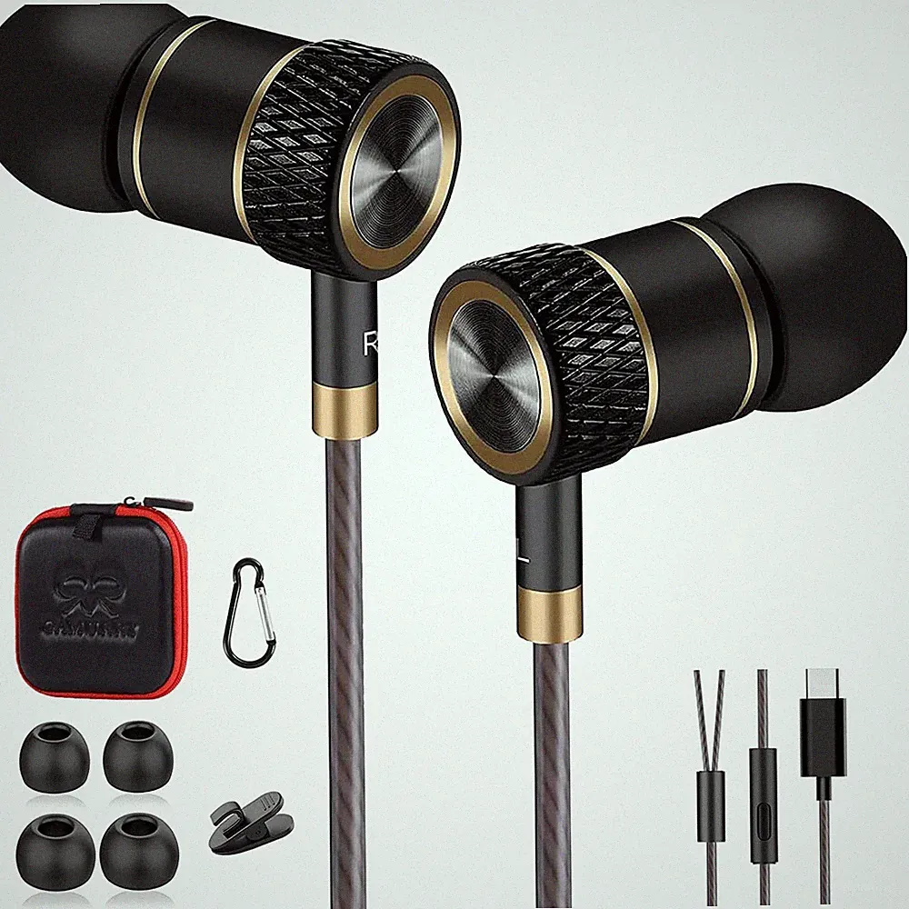In-Ear Kopfhörer Kabel Mikrofon USB Typ C Lautstärkeregler Schwarz Gold Phones