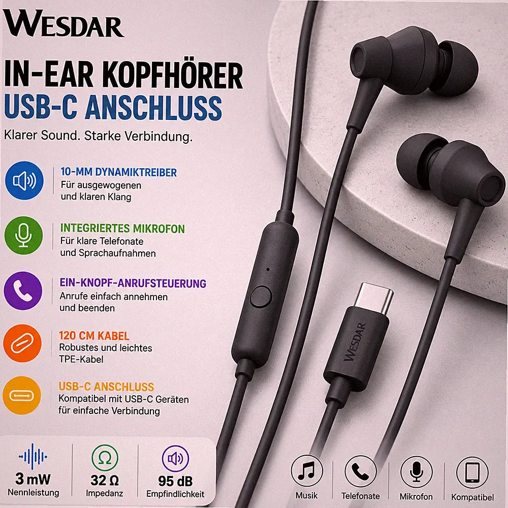 In-Ear Ohrhörer mit 120 cm Kabel USB-C Musik und Anrufsteuerung