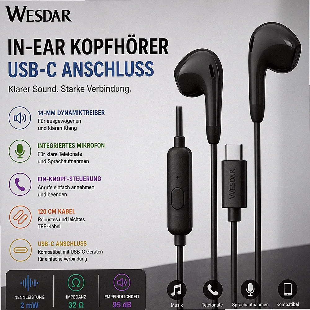 In-Ear Ohrhörer mit 120 cm Kabel USB-C Musik und Anrufsteuerung Schwarz