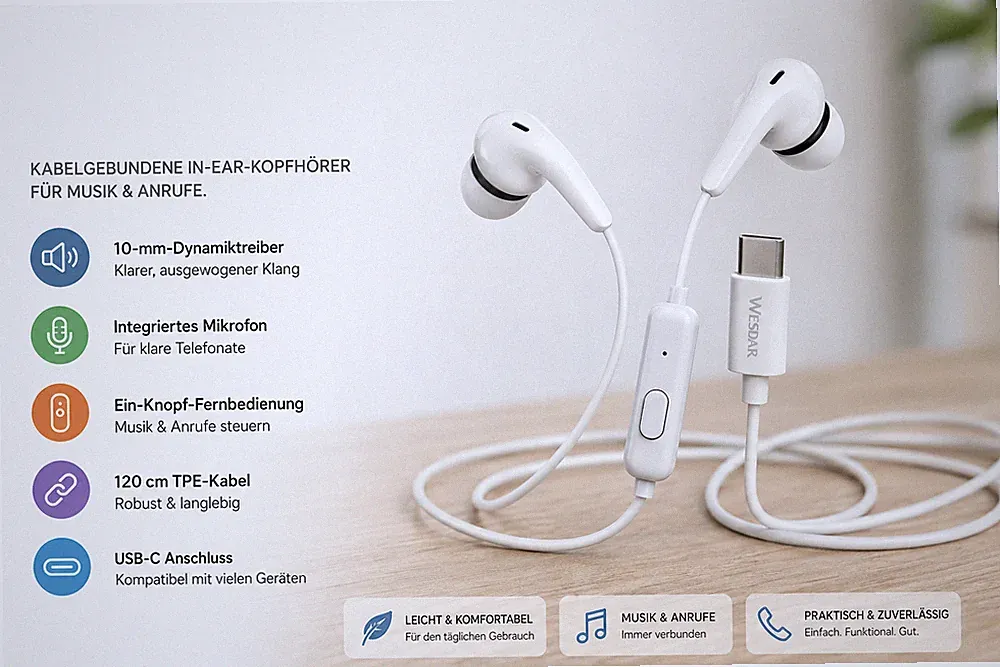 In-Ear Ohrhörer mit 120 cm TPE Kabel Musik und Anrufsteuerung