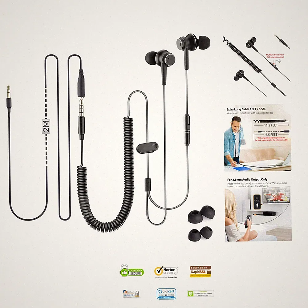 In-Ear Ohrhörer mit langem Spiralkabel und Transporttasche für Unterwegs