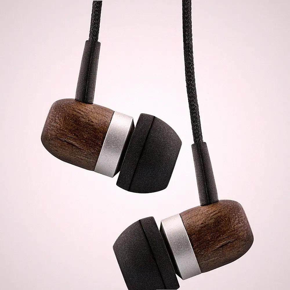 InLine woodline In-Ear Headset mit Kabelmikrofon Funktionstaste Walnuß Echtholz