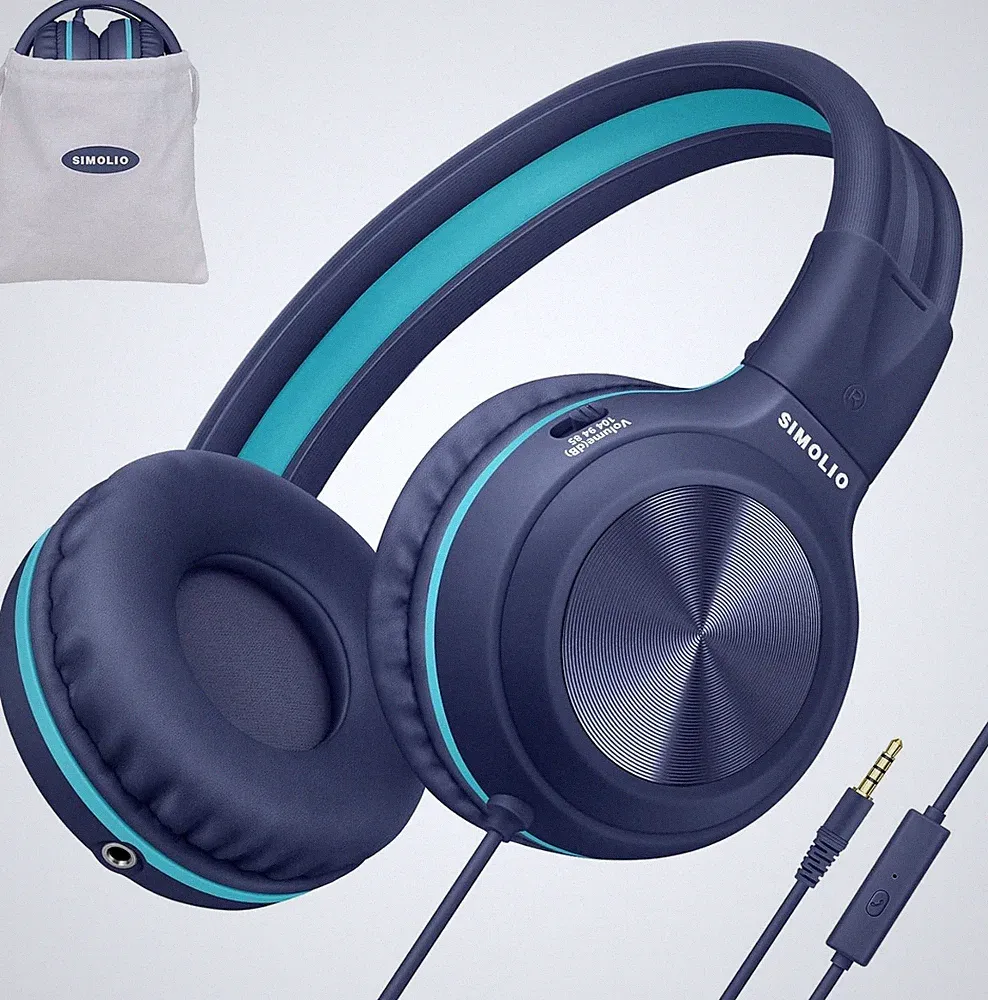 Kabelgebundene Over-Ear Kopfhörer für Jugendliche, Lautstärkeregler, MIC, Blau