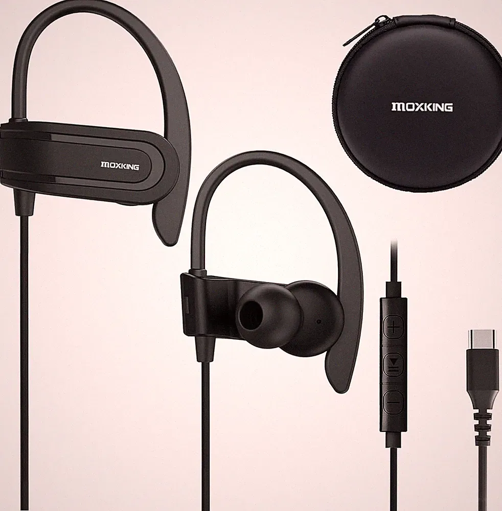 Kabelgebundene USB-C-Kopfhörer mit Ear-Haken, Mikrofon & Lautstärkeregler