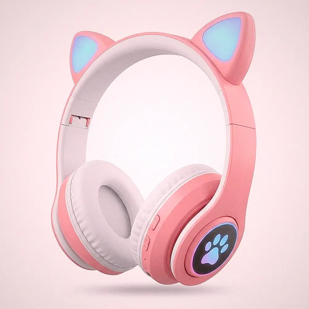 Kabellos Kopfhörer bluetooth 5.0 Katze Ohr LED-Licht für Kinder Faltbare Rosa