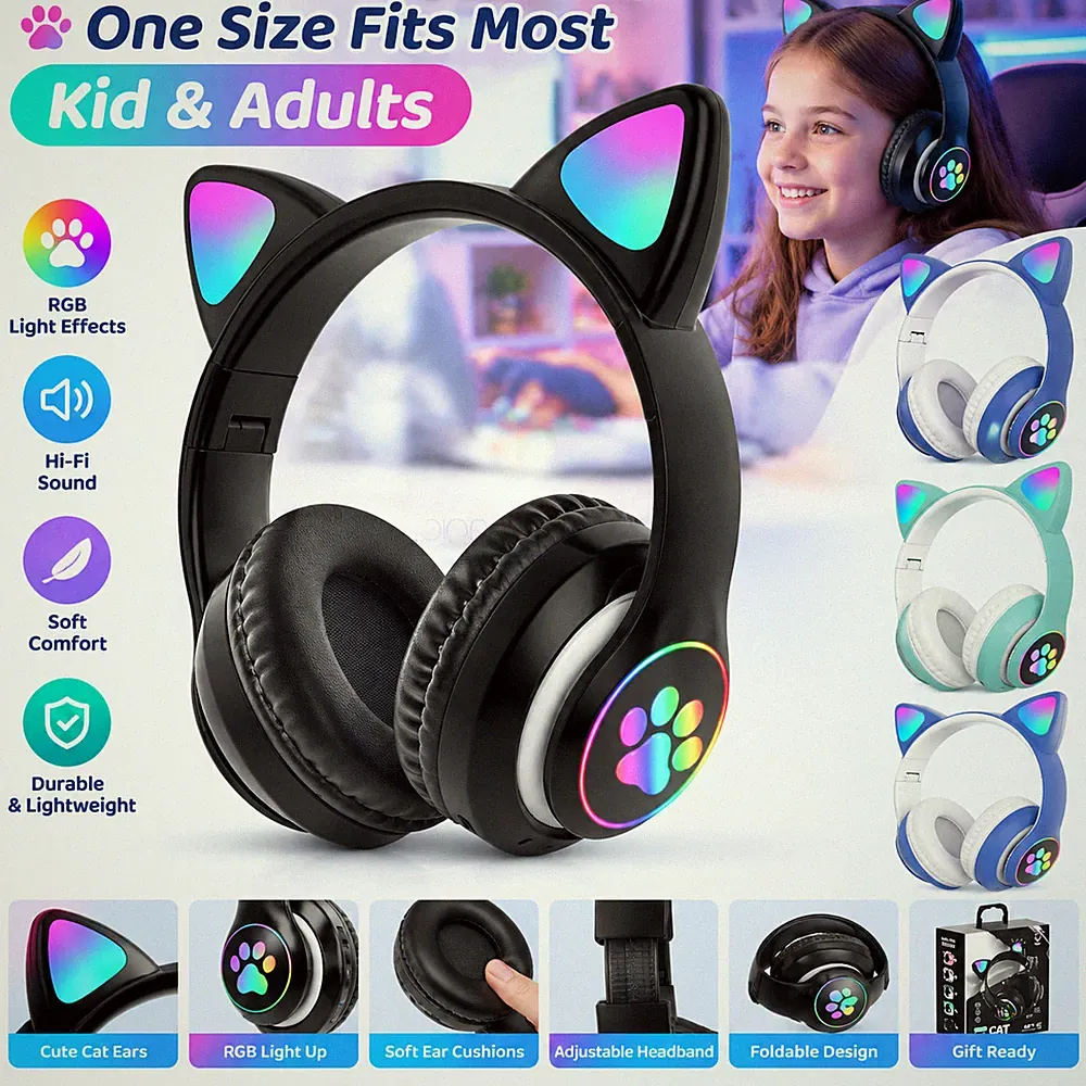 Kabellos Kopfhörer Bluetooth 5.0 Katzenohren LED Licht für Kinder Faltbar Bunt