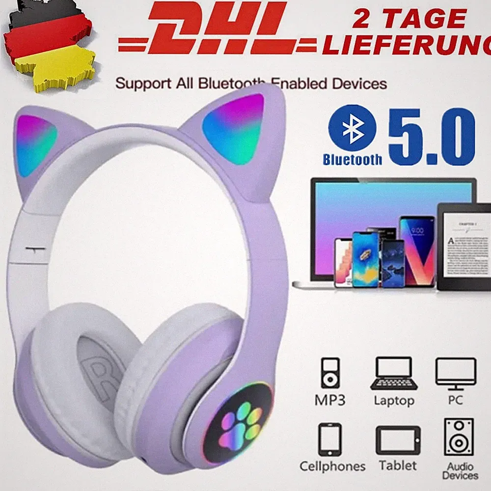 Kabellos Kopfhörer Bluetooth Katze Ohr LED-Licht für Kinder Faltbare Headset