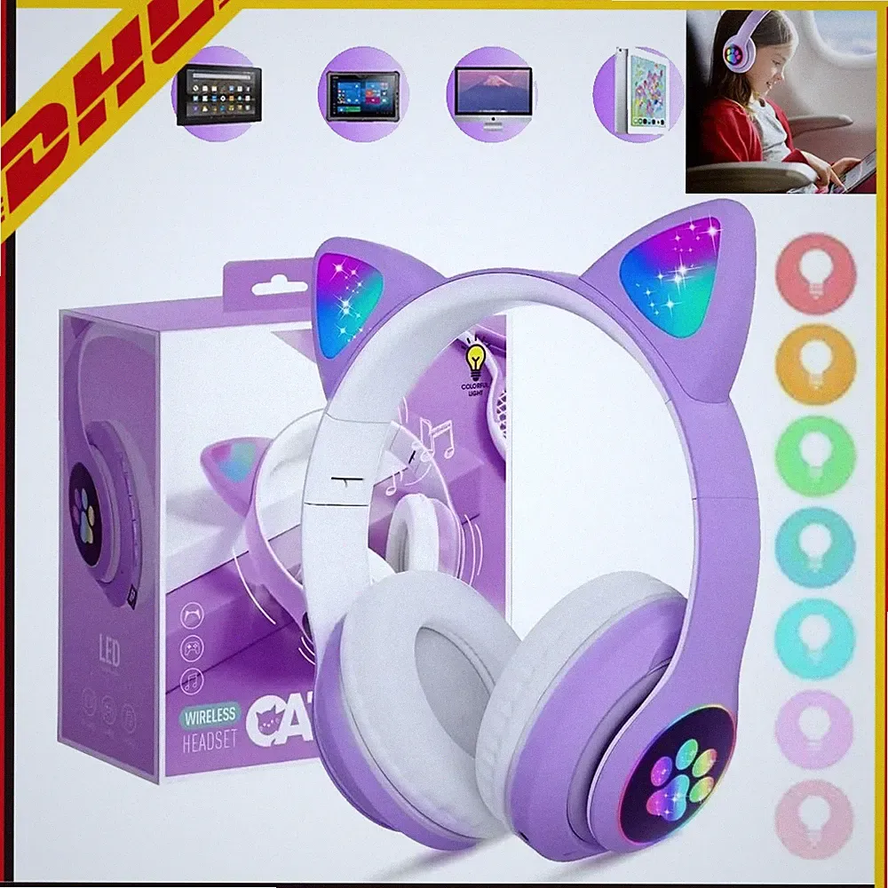 Kabellos Kopfhörer Katze Ohr LED-Licht Bluetooth 5.0 für Kinder Faltbare Headset